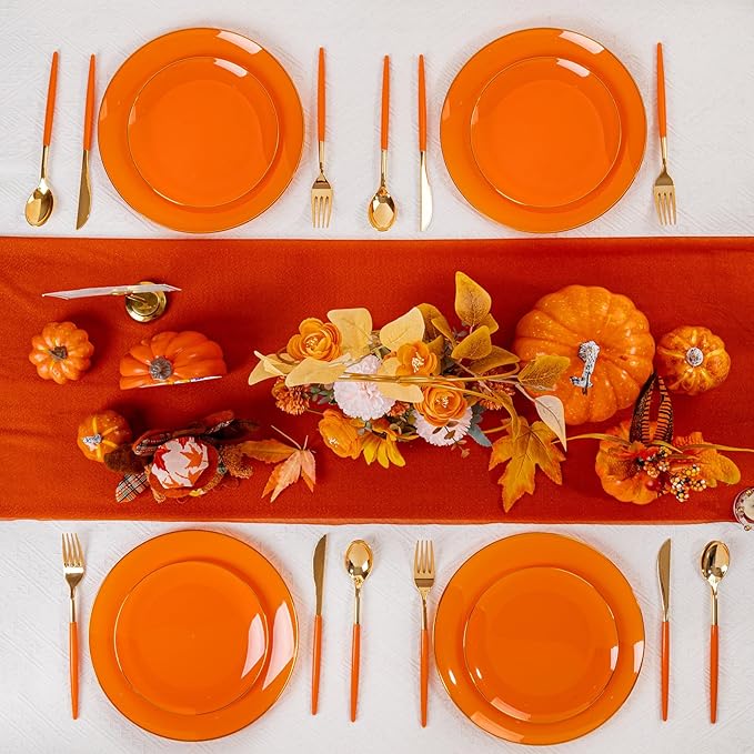 DaYammi 150Pcs Orange Plastic Plates & Gold Cutlery Set - Orange Disposable Plates with Gold Rim Includes 30 Dinner Plate,30 Dessert Plate,30 Knives,30 Forks,30 Spoons Perfect for Party Wedding