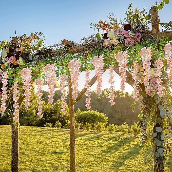 5 Pack Light Pink Wisteria Hanging Flowers Garland, 3.77 Feet Artificial Flower Vines, Fake Wisteria, Artificial Vines Hanging Garland for Backdrop Outdoor Yard Garden Decor