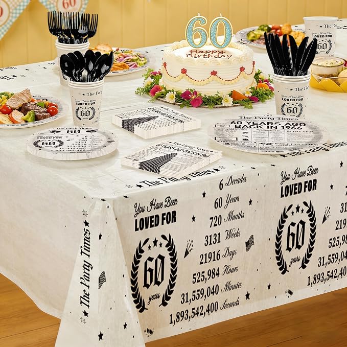 170Pcs 60th Birthday Party Decorations Vintage Back in 1966 Plates Napkins Cups Forks Knives Spoons Tablecloths for Men Woman 60 Years Old Birthday Anniversary Party Supplies Serves 24