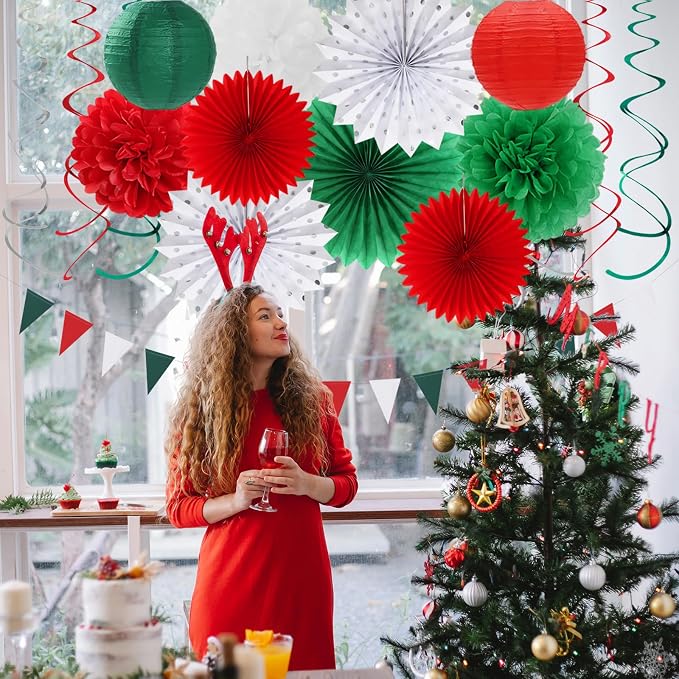 Red-Green White Christmas Party-Decorations - 33pcs Banner,Mexico Italy Streamers Tassel Garland,Tissue Pom Poms Honeycomb,Paper Lantern Fans,Mexican Italian Birthday Wedding Baby Shower Decor Hugtmr
