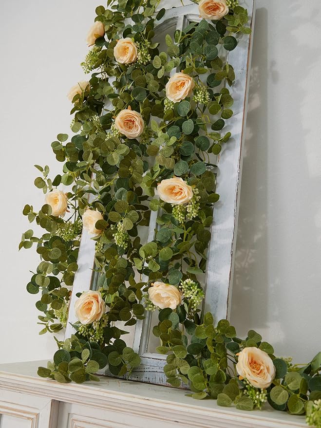 PARTY JOY 6.56ft Eucalyptus Garland with Flowers-8 Champagne Roses-Lush,Natural Looking, Floral Garland Greenery for Party Wedding Table Indoor Outdoor Backdrop Wall Decor（Champagne,1）