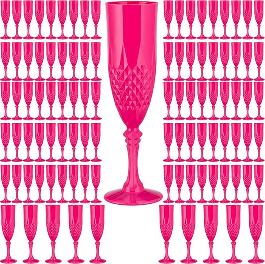 Plastic Champagne Flutes,Wine Glasses Goblets Set of 100,Mimosa Bar Shatterproof Reusable Vintage Champagne Flutes Stemmed Drinking Cups for Weddings, Bachelor Parties, Toasting, Prosecco(100,Pink)
