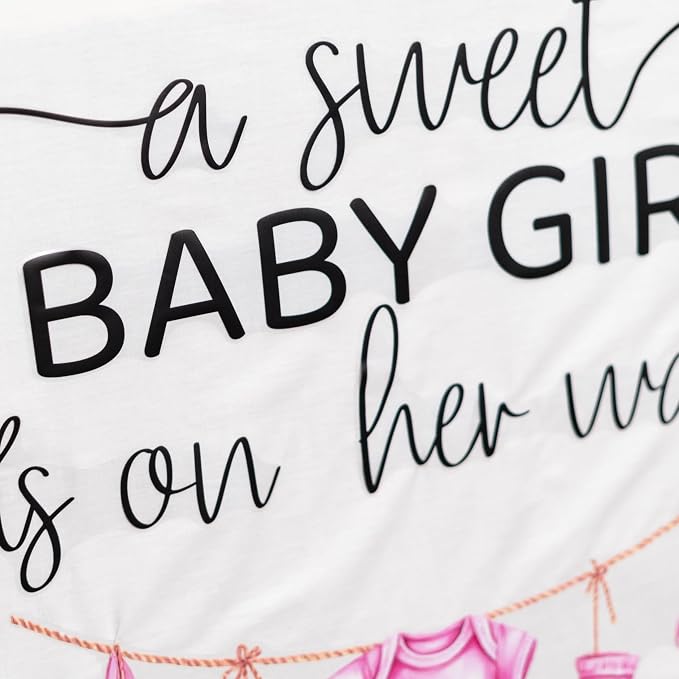 A Sweet Baby Girl is On Her Way Decal - Baby Girl Nursery Wall Decal, Pink Clothesline Design, Gender Reveal Party Decoration (Pink)