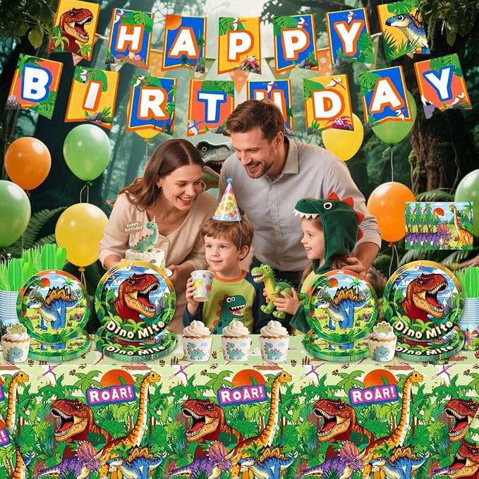 Daidle Birthday Party Supplies Kit for 24 Guests - for Dinosaur Birthday Decorations, with Banner & Tablecloth, Plates, Cups, Napkins and Cutlery, 1st Dinosaur Party Decorations for Kids