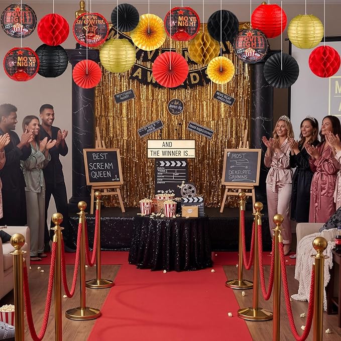 Retisee 18 Pcs Movie Night Party Decor Theme Hanging Paper Lanterns with Popcorn Trophy Microphone Film Reel Honeycomb Ball Fans for Movie Night Theater Carnival Party Decor
