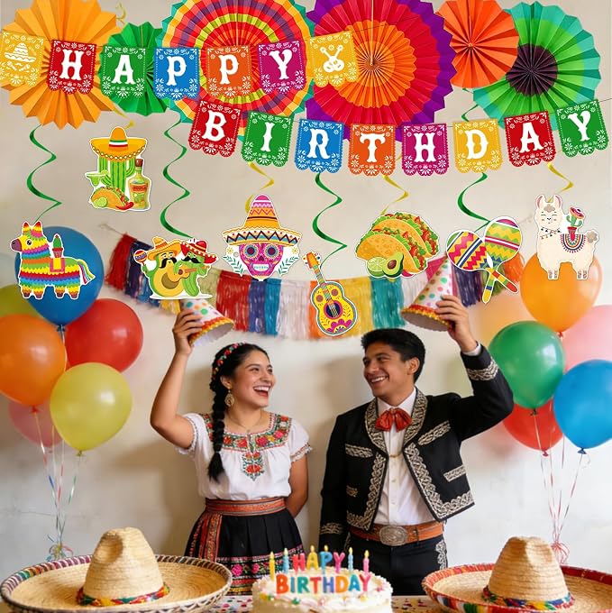 Rakuto Mexican Fiesta Party Decorations, 16PCS Mexican Happy Birthday Banners with Hanging Swirls Decorations, Taco Themed Paper Fans Bday Decor Supplies