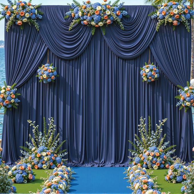 10 Panels Navy Blue Backdrop Curtains for Wedding Party Wrinkle Free Backdrops Curtain Drapes Fabric Decorations Photo Back Drop Cloth for Baby Shower Photography Stage Reception 50ft(W) x 12ft(H)