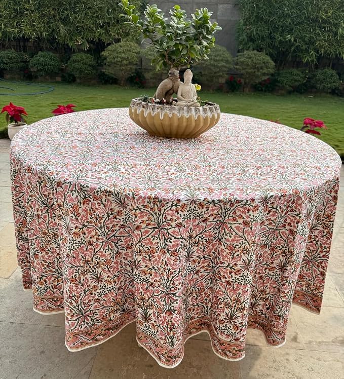 Ridhi Round Tablecloth Hand Block Print 100% Cotton Reusable Sassy Salmon and Emerald Green 60 Inch Table Cover Decorative Everyday Use for Dining, Home, Farmhouse Gift for Spring, Mother's Day