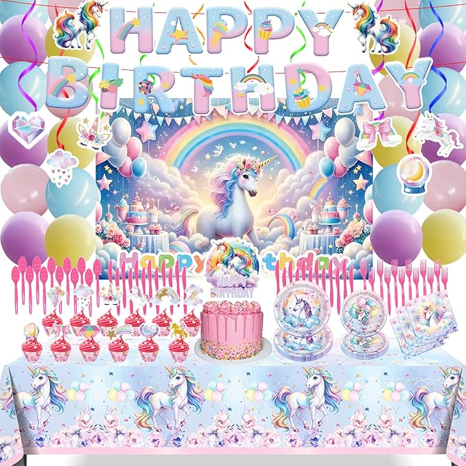220Pcs Unicorn Party Birthday Supplies - Unicorn Party Decorations Included Backdrop, Banner, Tablecloth, Hanging Swirls, Cupcake Toppers, Tableware, Paper Towel, Latex Balloons