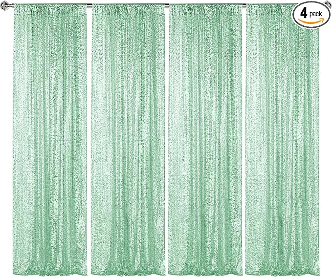 Sugargirl Mint Green Sequin Backdrop Curtain 4 Panels 2FTx8FT Glitter Mint Green Background Drapes Sparkle Photography Backdrop for Party Wedding Birthday Wall Decoration