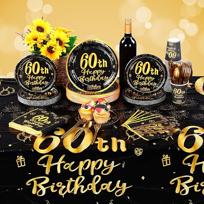 Funnymoom 452 Pcs 60th Birthday Party Decoration Supplies Black and Gold 60th Birthday Paper Plates and Napkins Cups Tablecloth Cutlery Straws Disposable Tableware for Cheers to 60 Years Anniversary