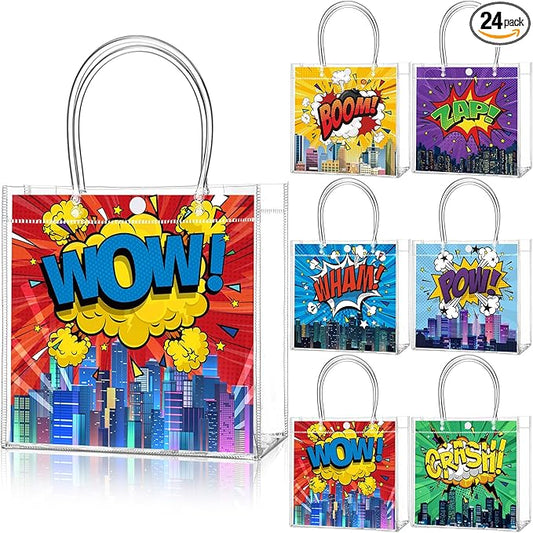 Teenyyou 24 Pcs Hero Clear Favor Bags with Handles Hero Party PVC Treat Plastic Gift Bags for Birthday Party Rewards Supplies