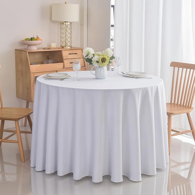 2-Pack Round 120-inch White Table Cloths, Solid Stain and Wrinkle Resistant Circular Tablecloth, Premium Plain Weave Polyester Fabric Table Linen Covers for Hotel, Banquet