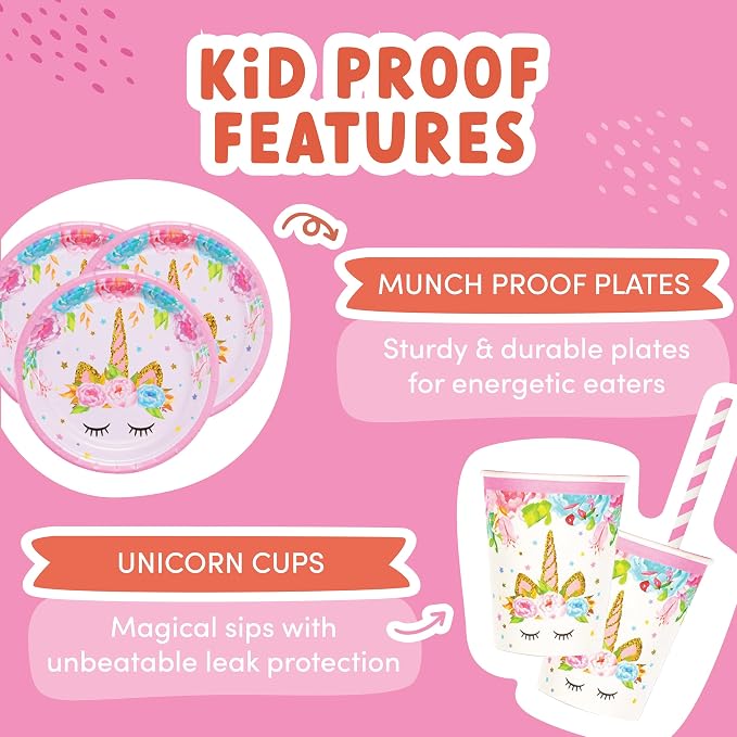 ecoZen Pink Unicorn Birthday Party Decorations - Magical Horse Themed Supplies for 16 Guests, Includes Plates, Cups, Napkins, Banner, Cutlery, Balloons, Tablecloth, Straws, Toppers