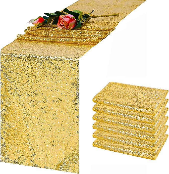 6 Pack Gold Sequin Table Runner 12 x 72 Inch, High Density Sparkly Glitter Table Runners for Wedding Reception, Birthday Party, Baby Shower, Shimmering Gold Decor