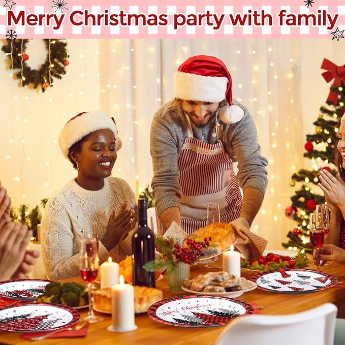 Funnymoom 60 Pcs Red Christmas Paper Plates 9 Inch Xmas Buffalo Plaid Tree Snowflake Disposable Plates Merry Christmas Tree Themed Tableware for Holiday Xmas Winter Party Decorations Supplies