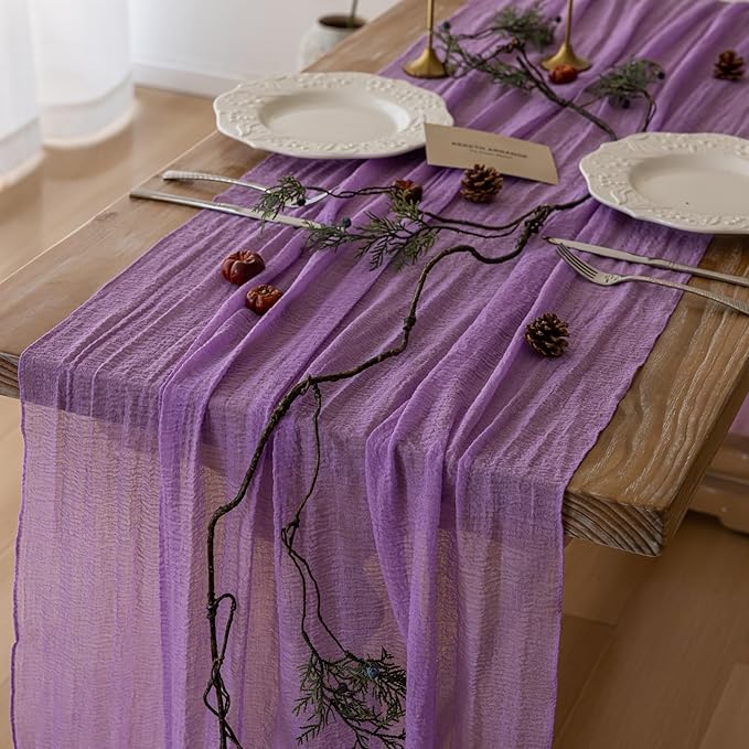 Keketoarrange 6pcs Spring Table Runner Lavender Gauze Rustic Boho Lilac Cheesecloth Grape Table Runner 120 Inch 10 FT for Wedding Baby Bridal Shower Birthday Party Long Sheer Home Decorations