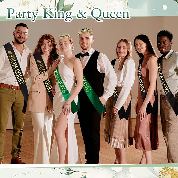 Retrowavy 12 Pcs Prom Crown and Sash Set, Prom King and Queen Tiara Rhinestone Crown Satin Sash for Graduation Party
