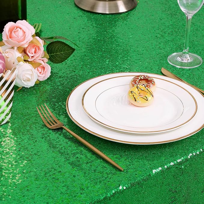 B-COOL Round Tablecloth Sequin Draping Decorations: 132 Inch Tablecloths Sequin Overlay Green Shimmer Fabric for Birthday Dinner Parties Christmas Decor
