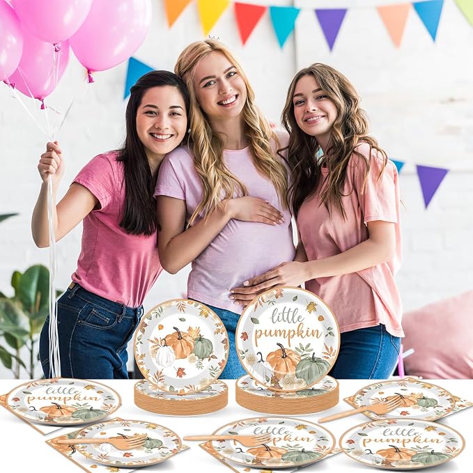 96Pcs Fall Little Pumpkin Baby Shower Party Decoration Set Autumn Lil Pumpkin Plates and Napkins Tableware Set Party Decorations for Baby Shower Fall Thanksgiving Birthday Parties Favors for 24 Guests
