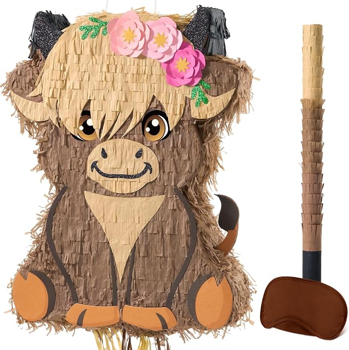 WERNNSAI Highland Cow Piñata - Scottish Cattle Piñata with Blindfold and Bat for Boys Girls Animal Farm Birthday Party Supplies Cute Floral Baby High Land Cow Country Party Favors Gifts Decor