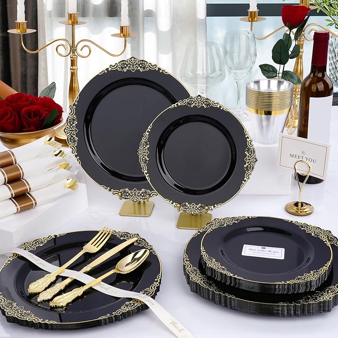 Realluck 350 PCS Black and Gold Plastic Plates, Plastic Dinnerware Set for 50 Guests, 100 Disposable Plates, 150 Silverwares, 50 Cups, 50 Napkins for Party, Wedding, Graduation