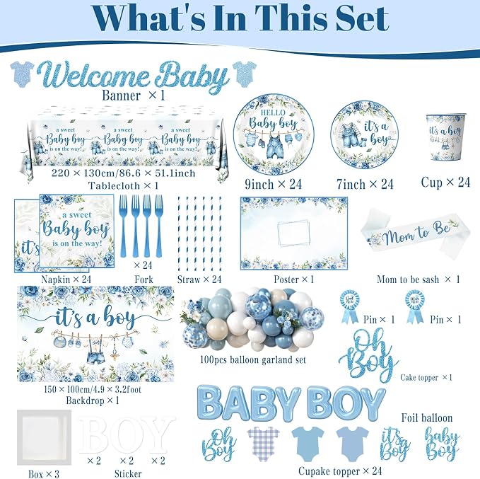 Baby Boy Shower Decorations, All-in-One Set with Boy Baby Shower Plates and Napkins, Balloon Arch, Cake Topper, Balloon Box, Banner, Tablecloth, Baby Shower Decorations Boy Serves 24