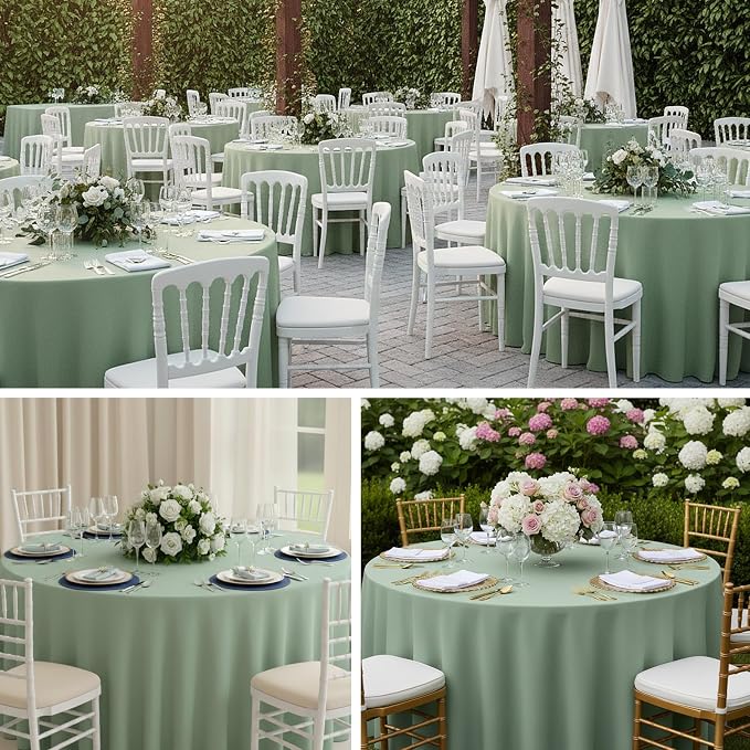 Fixwal 6 Pack Sage Green 120 Inch Round Tablecloths, Reusable Heavy Duty Washable Polyester Table Covers, Stain and Wrinkle Resistant for Wedding, Baby Shower, Boho Party, Outdoor, Picnic