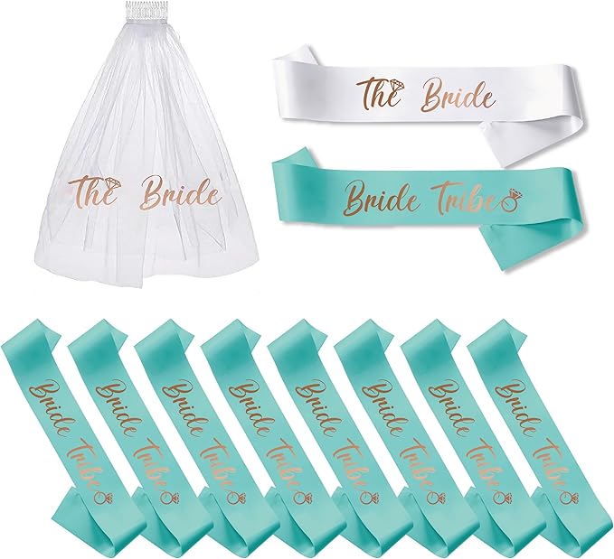 PartyGifts&beyond Bachelorette Party Favors Bride to Be Sash and Veil Set Bachelorette Sashes Bridal Shower Gifts Bride Tribe Sash (Green, 11pcs)