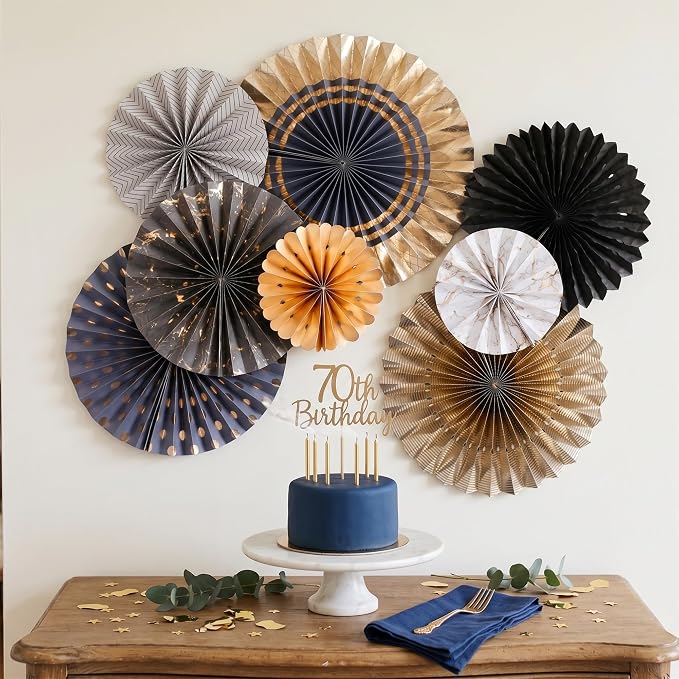 PapaKit 8-Piece Origami Paper Fan Decorations - Charcoal & Gala Blue with Metallic Gold - Reusable Party Wall Backdrop for Wedding, Baby Shower, Birthday, Graduation