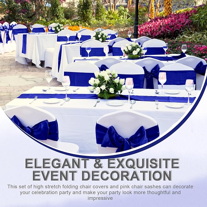 Lounsweer 50 Pcs Folding Chair Cover Set with 25 Stretch Spandex Slipcovers 25 Satin Chair Sashes Bows Ribbon Washable Banquet Protector for Wedding Event Party(White, Royal Blue)