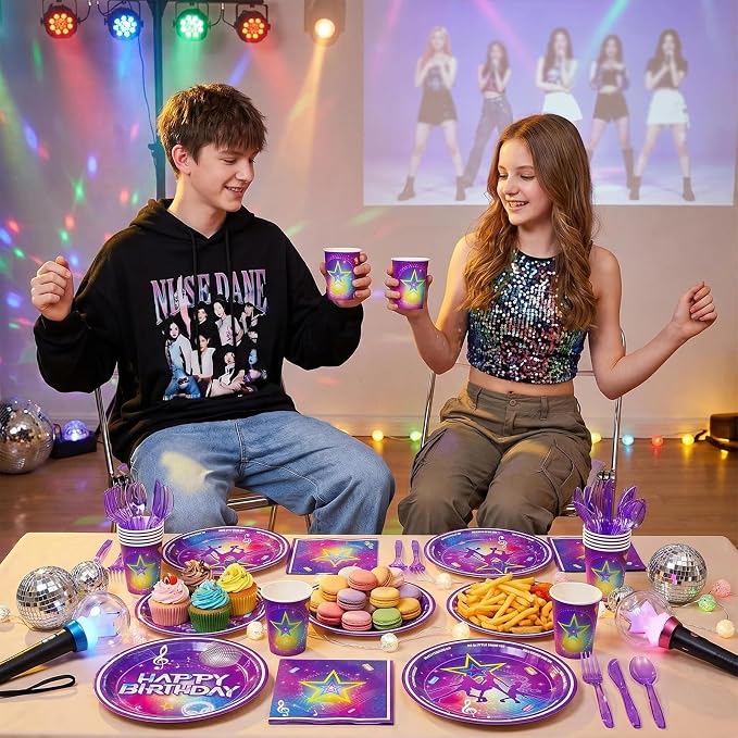 168pcs Kpop Birthday Party Plates Napkins Purple Magical Music Party Supplies Disposable Tableware Set Dance Birthday Decorations for Girls Serve 24 Guests