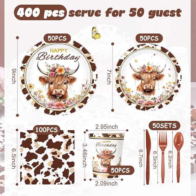 Funnymoom 400 Pcs Highland Cow Birthday Party Supplies Brown Cattle Paper Plates Napkins Cups Spoons Forks Knives for Western Farm Animals Kids Birthday Baby Shower Party Decorations