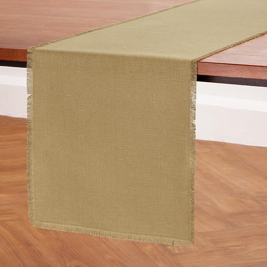Solino Home Fringe Linen Table Runner 90 Inches Long - 100% Pure Linen Kelp Dining Table Runner 14 x 90 Inch for Spring, Summer, Mothers Day - Handcrafted and Machine Washable