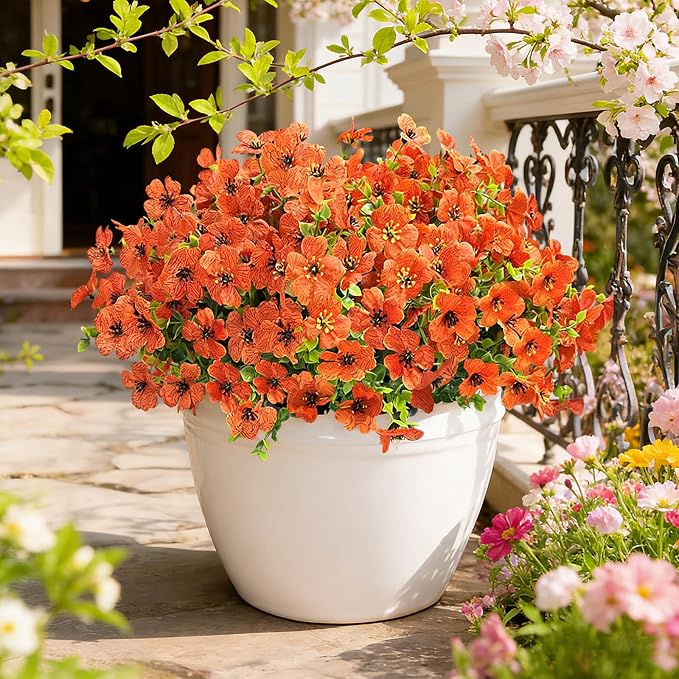12 Bundles Artificial Flowers for Spring Summer Outdoor Decoration Fake Flowers uv Resistant Artificial Outside Flowers Faux Greenery for Porch Garden Home Patio Valentine's Day Decor (Orange)