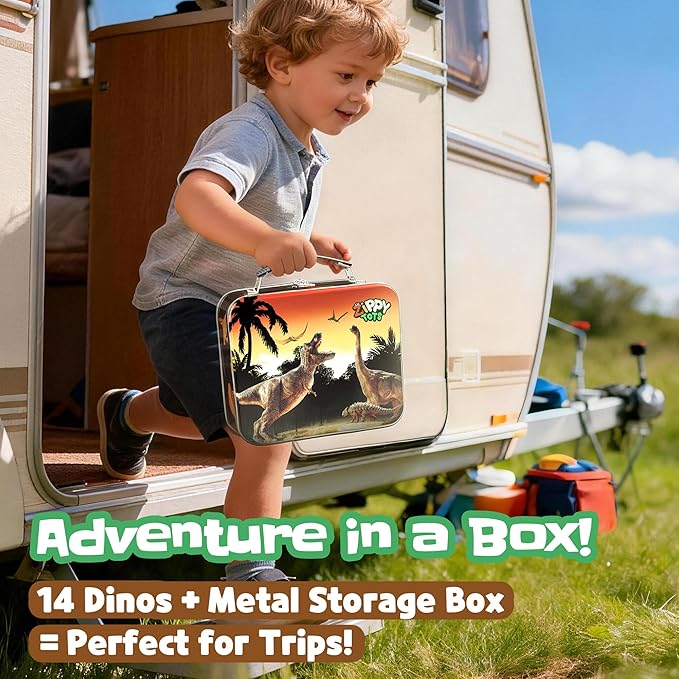Zippytots Dinosaur Toys for Kids 3-5-7-14 Realistic Plastic Dinosaur Figures with Metal Storage Box & Learning Booklet - Educational Dino Figure Toys for Boys Girls Toddlers