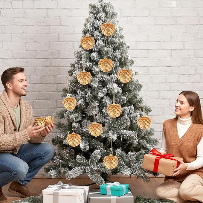 Sratte 8 Pcs Valentine Ball Ornaments Artificial Pinecone Hanging Ornaments Glitter Winter Faux Flower for Xmas Decor, 3.15/2.36 Inch(Gold)
