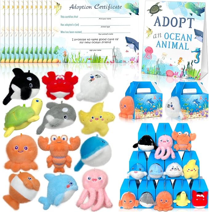 37 Pcs Adopt a Pet Sea Animal Party Favors Include 12 Mini Plush Sea Shark Animals 12 Sea Animals Boxes 12 Adoption Cards 1 Adopt Signboard for Sea Animal Summer Party Pet Adoption Party