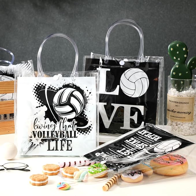 Teenyyou 24 Pcs Volleyball Clear Gift Bags with Handles Volleyball Goodie Bags Sport Theme Party Favor for Team Snack Birthday Gifts