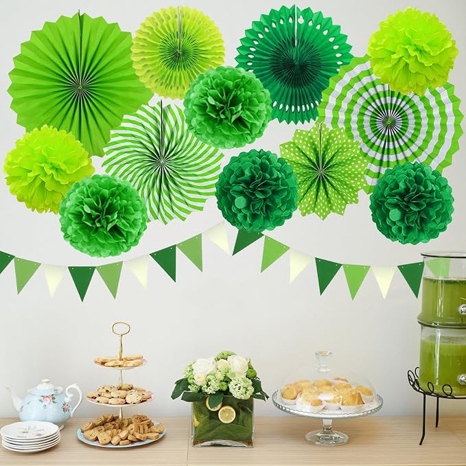 Green Party Decorations Set Birthday Paper Fan Tissue Pom Poms Streamers Theme Party Supplies Tassel Garland Banner Dinosaur Parties Arbor Day