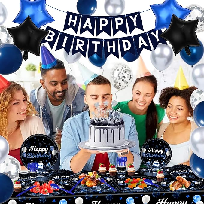 219Pcs Navy Blue Birthday Party Supplies Happy Birthday Party Decorations for Men Boys Blue Plates Napkins Cups Tableware Set Banner Tablecloth Confetti Balloons, Serves 24