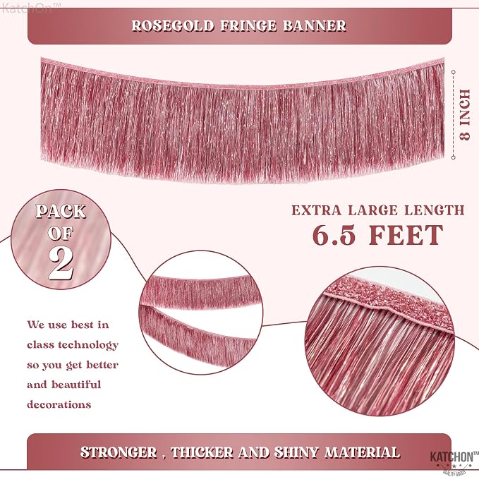 KatchOn, XtraLarge Rose Gold Fringe Banner - Pack of 2 | Rose Gold Backdrop for Bachelorette Party Decorations | Streamers for Birthday Decorations | Fringe Garland for Valentines Day Decorations