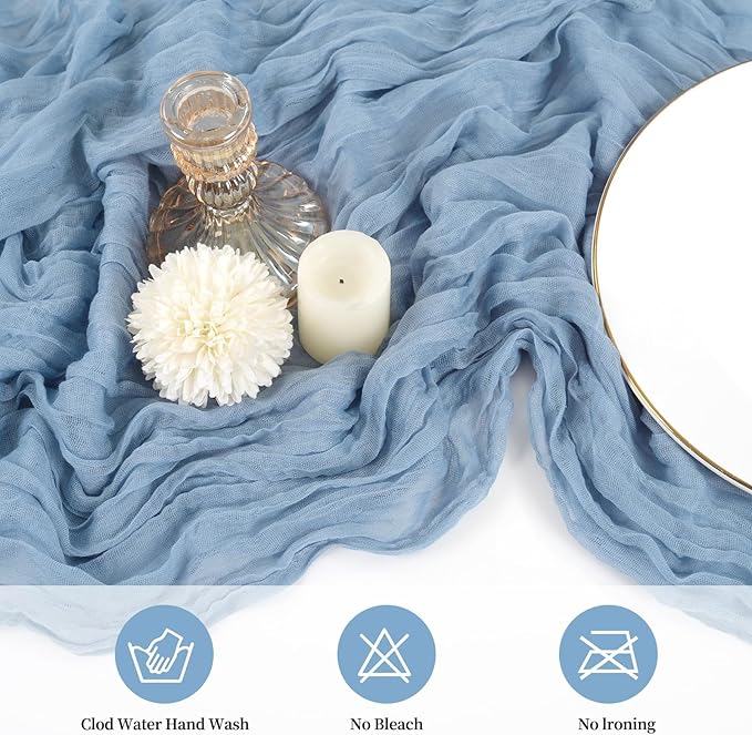 20 Pack Cheesecloth Table Runner 17 x 108 inch Long Boho Gauze Table Runners Semi Sheer Table Runner for Wedding Decor, Baby Shower, Birthday Party, Banquet (Dusty Blue)