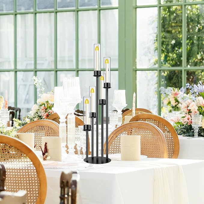 Black Candelabra with Glass Cylinders for Real Candles 5 Head Metal Candle Holder Wedding Centerpiece Ceremony Reception Event Party Home Decoration (2, M)