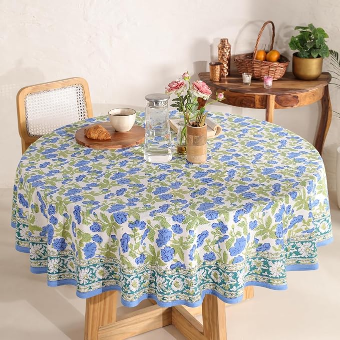 Hand Block Printed Tablecloth – Colorful Floral Print | 100% Cotton | Indian Artisan Handmade Art | Dining Room, Kitchen, Outdoor Décor, (Dusky Leaf Whisper, 6 Seater 72 Inches Round)