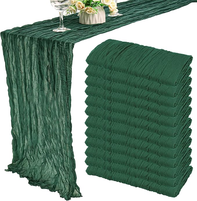 12 Pack 10Ft Cheesecloth Table Runner 35x120 Inch Boho Gauze Table Runner Rustic Cheese Cloth Long Romantic Table Runners for Wedding Bridal Shower Birthday Party Table Decor (Dark Green)