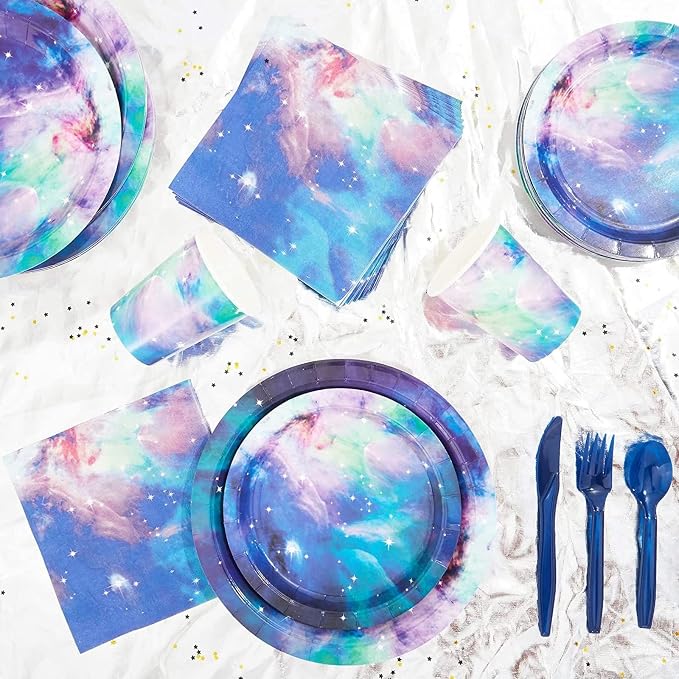BLUE PANDA 168-Piece Space Birthday Decorations Set - Serves 24, Blue Galaxy 9" & 7" Plates, 9-Oz Cups, Napkins & 6" Cutlery - Moon & Stars Decor - Galaxy Party Cups & Cosmic Napkins