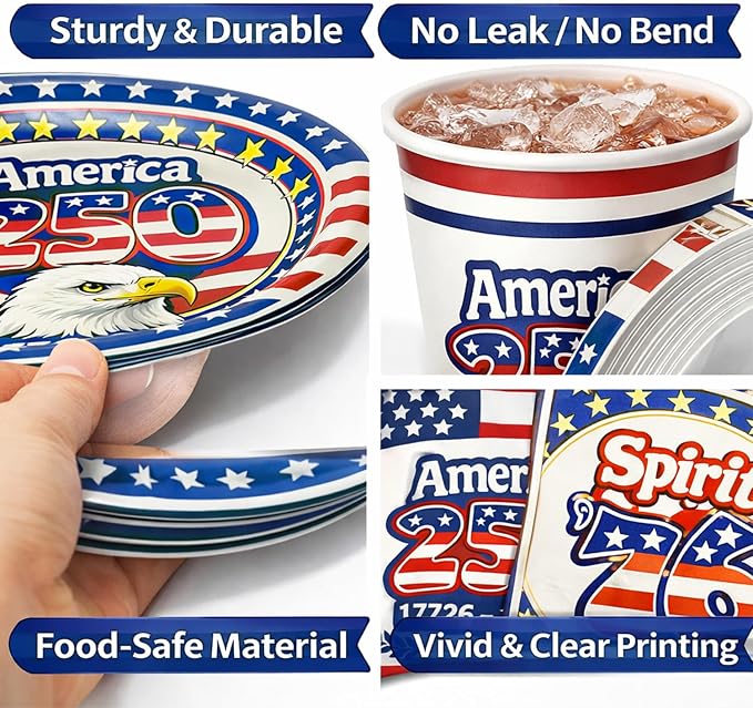 252 PCS 250th Anniversary USA Party Supplies – 1776–2026 Patriotic American Decorations, Serve 50 Guests, Includes Plates Cups Napkins Tablecloths Red Knives & Blue Forks for 4th of July -