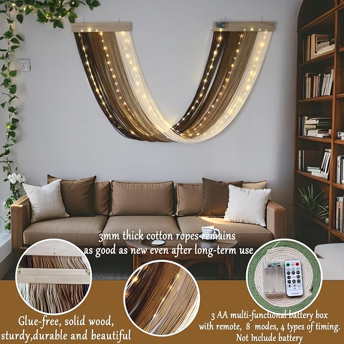 Macrame Fairy Lights Battery Operated with Remote & Timer, Brown Gradient | Handwoven Wall Hanging with 20ft 100 LEDs Warm White Timer String Lights for Bedroom,Living Room,Party,Wedding,Christmas Deco