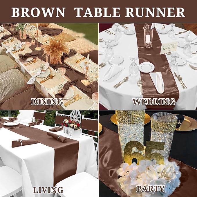 15 Pack Brown Satin Table Runners 12 x 108 Inch Long Table Runners for Rectangle Round Tables, Smooth Satin Table Runner for Wedding,Birthday Party Banquets Graduation Engagements Decoration